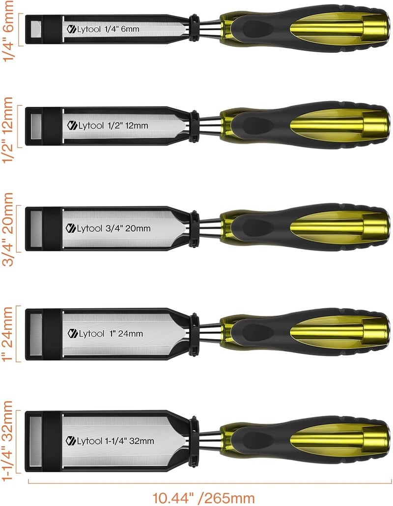 Lytool 5 Piece Wood Chisels Set, Wood Working Chisel Set for Woodworking, Carpentry, CR-V Steel Beveled Edge Blade, Wood Chisels for Woodcarving, Mortise,1/4", 1/2", 3/4", 1", 1-1/4" - Image 2